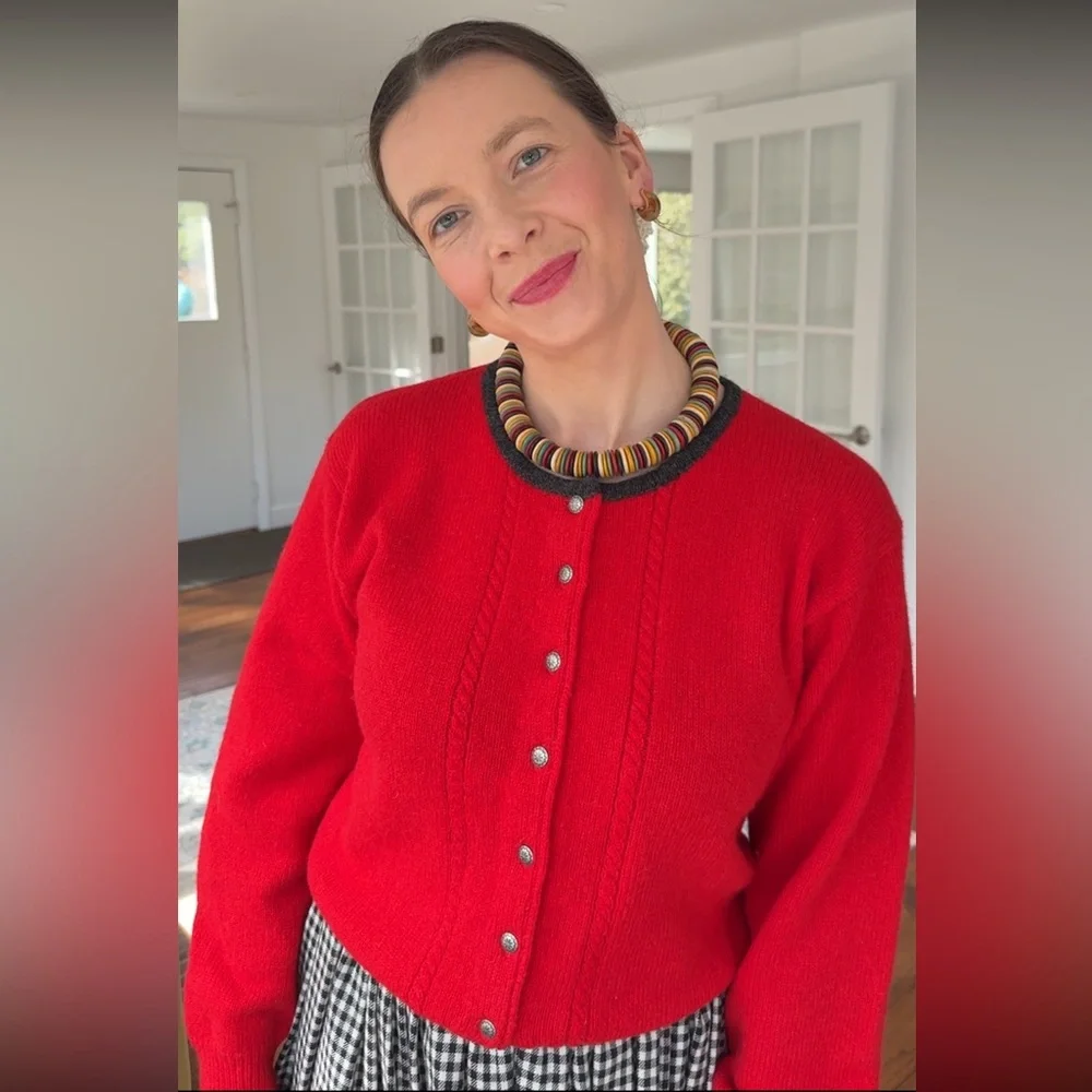 Red Button-Up Women's Sweater by Limited %100 wool in bright red color - Picture 10 of 11